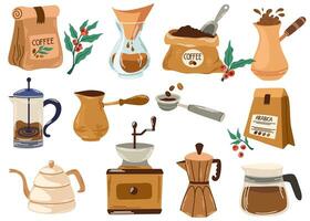 Coffee elements collection. Coffee supplies icons. Maker, French press, pot, coffee machine, grinder, grains. Flat graphic vector illustration isolated on white background