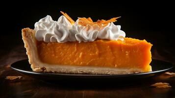 Generative AI, Homemade american traditional pumpkin pie slice with whipped cream photo