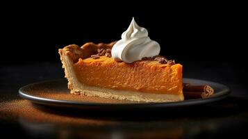 Generative AI, Homemade american traditional pumpkin pie slice with whipped cream photo