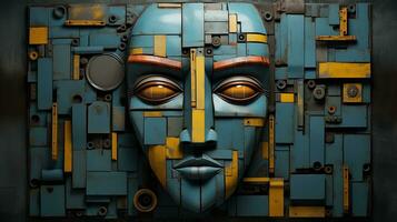Generative AI, Abstract robotic face on rusty vintage metal background, geometric shapes photo