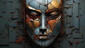 Generative AI, Abstract robotic face on rusty vintage metal background, geometric shapes photo