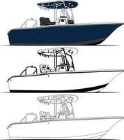 Fishing boat vector line art illustration and one color