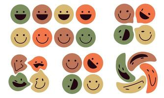 Retro set with illustrations of smiling emoticons of the 70s, isolated. Flat vector graphic illustration of inverted smiling, fused elements. Collection in vintage colors on a white background