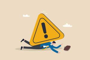 Caution or mistake attention, risk alarm with exclamation point symbol, error or failure warning, bankruptcy notice alert, problem attention concept, frustrated businessman fall under attention sign. vector