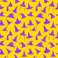 Seamless pattern purple witch hat. Halloween yellow background for design and print vector