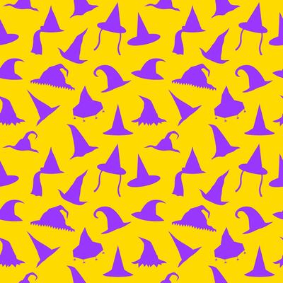Seamless pattern purple witch hat. Halloween yellow background for design and print