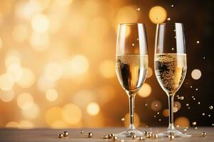 Two glasses of champagne against gold bokeh background. photo