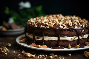 Round chocolate layer cake with nuts . Pieces of chocolate and nut crumbs on the cake. AI Generated photo