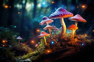 magia hongos en el bosque. ai generado foto