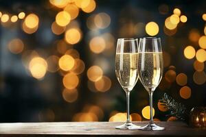 Two glasses of champagne on a wooden background against gold bokeh background. photo