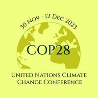 COP 28. Annual United Nations Climate Change Conference. 30 Nov - 12 Dec 2023, Dubai, United Arab Emirates. Text on background of planet Earth. International climate summit banner. Vector illustration