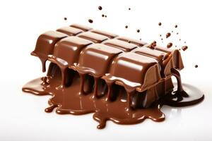 Melted chocolate flows down from a large chocolate bar. White background photo