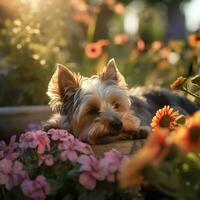 Yorkshire terrier perro mentiras en el jardín entre el flores generativo. foto