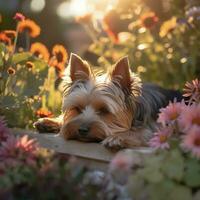 Yorkshire terrier perro mentiras en el jardín entre el flores generativo. foto