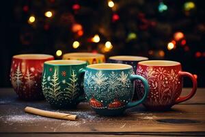 Hot drink with marshmallows and candy cane in colorful mugs. Fir cones, spices in the background. Christmas hot drinks collection. Merry Christmas. AI Generative photo