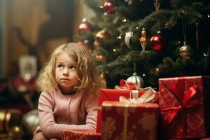 Serious sad little girl is sitting in front of a Christmas tree AI Generative photo