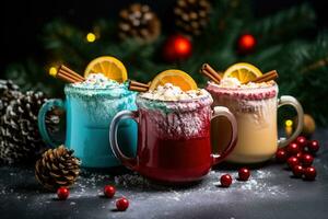 Hot drink with marshmallows and candy cane in colorful mugs. Fir cones, spices in the background. Christmas hot drinks collection. Merry Christmas. AI Generative photo