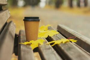 coffee cup and yellow leaves on a bench in an autumn park, autumn season concept photo