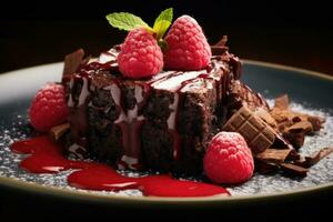 Chocolate brownie with a scoop of ice cream and raspberries. AI generated photo