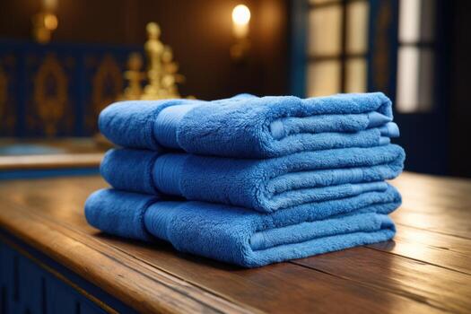 A set of blue terry towels is on the table. AI-Generated photo