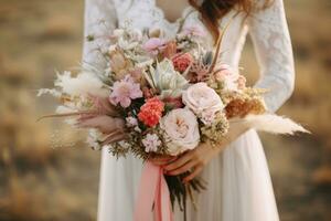 The bride holds a bouquet in boho style. AI generated photo