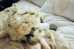 A wedding bouquet of roses and chrysanthemums is lying on the bed.. AI generated photo