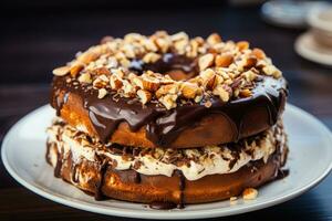 Round chocolate layer cake with nuts . Pieces of chocolate and nut crumbs on the cake. AI generated photo