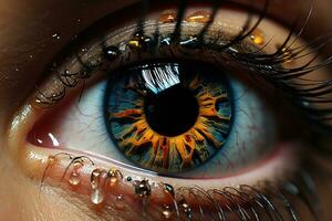 un grande retrato de un humano ojo reflejando un destello, lágrimas desde el ojos. ai generado foto