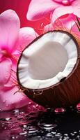 Fresh juicy coconut halves, palm leaves and flowers painted in metallic pink with water droplets. AI generated photo