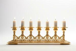 Burning minor candles in a golden candelabrum on a white background. AI-Generated photo