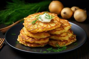 Potato pancakes draniki with herbs and sour cream. AI generated photo