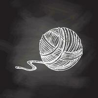 Hand drawn sketch of ball of threads on chalkboard background. Handmade, knitting equipment concept in vintage doodle style. Engraving style. vector