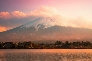 Beautiful sunset and clouds view of Mount Fuji at Lake Kawaguchi,Yamanashi, Japan. photo