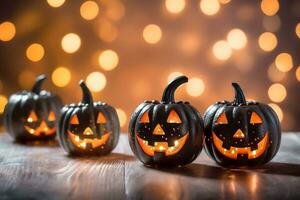 Halloween background with bats, pumpkin and candles on wodden, copy space. Ai generated photo