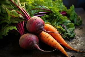 Red beets and young carrots with drops of water and green leaves. AI generated photo