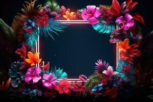 Banner with neon frame and colorful plants photo