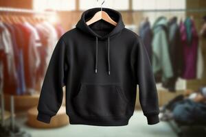 A black children's sweatshirt with a hood and a pocket is hanging in the store. AI Generated photo