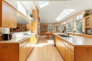 The interior of a large modern bright kitchen with a high ceiling and panoramic windows. AI-Generated photo