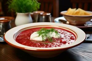 rojo sopa de remolacha con agrio crema es servido en el mesa con vegetales y cebollas. ai generado foto