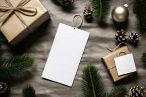 el blanco tarjeta es en el nuevo años mesa con un regalo caja. ai generado foto