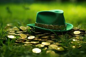 Saint Patrick hat with gold coins and clovers banner. AI generated photo