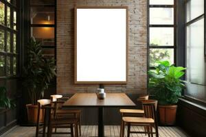 Layout of an empty frame on a brick wall in the dining room. AI-Generated photo