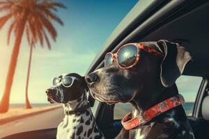 dos enorme genial danés perros en Gafas de sol paseo en un coche. generado por ai foto