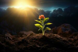 A small plant with a flower in the soil. AI-Generated photo