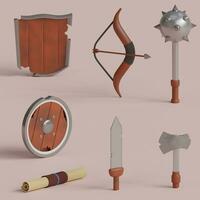 3d rendered medieval game set includes arrow, shield, sword, axe, treasure maps perfect for game design project photo