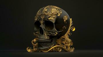 3d negro y oro humano cráneo aislado en negro antecedentes. ai generado foto