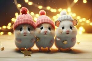 Hamsters in winter hats with small stars in their hands against the background. AI Generated photo