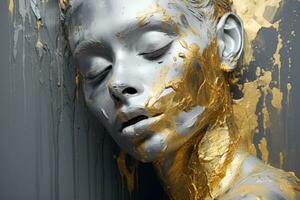 Plaster sculpture of a female face with closed eyes with gold and silver paint. AI Generated photo