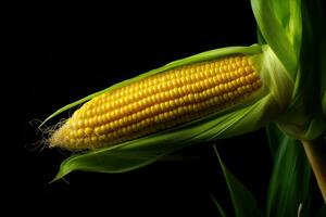 Photo of fresh corn on the cob on a dark background. AI generated