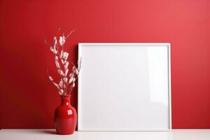 un pequeño vertical diseño en un blanco marco cerca un rojo pared con un rojo florero con un planta. generado por ai foto
